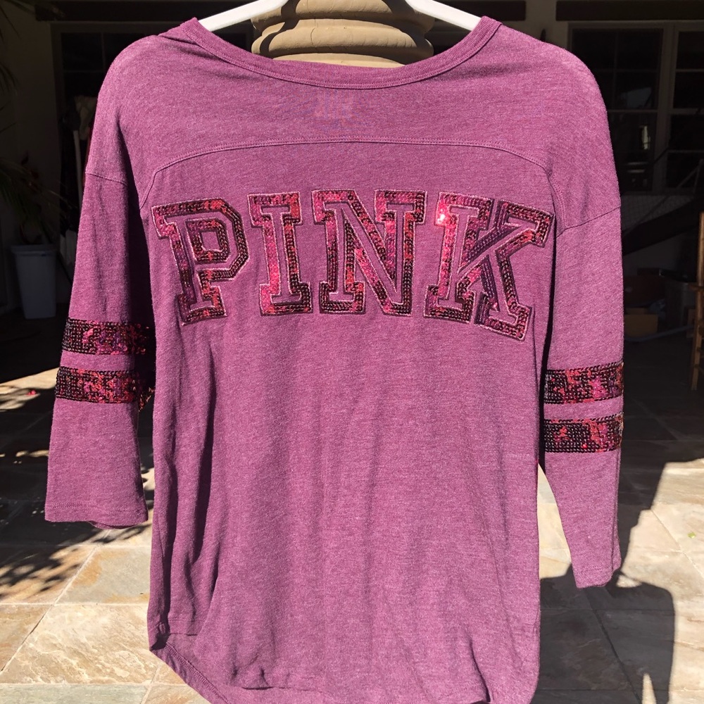 PINK 3/4 SLEEVE RED SEQUIN BLING T SHIRT WOMENS XS